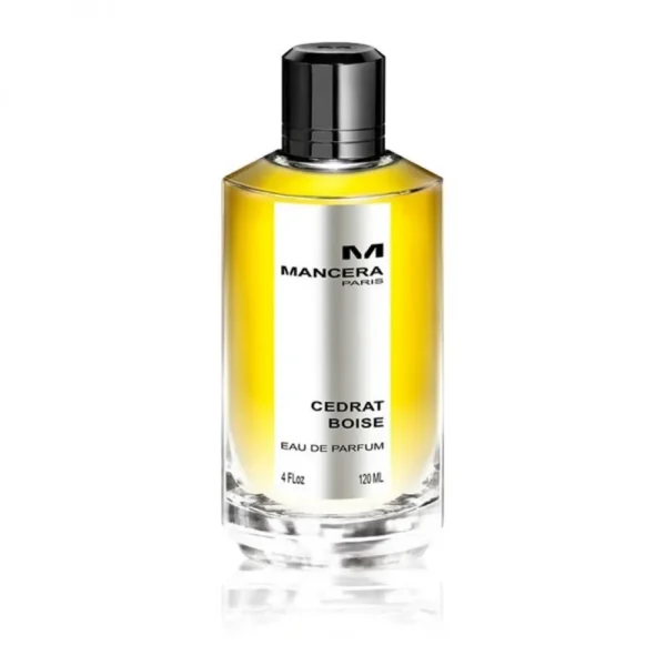 عطر Mancera Cedrat Boise زجاجة عطرية أنيقة بلون شفاف وأغطية ذهبية تعكس الفخامة والتميز.