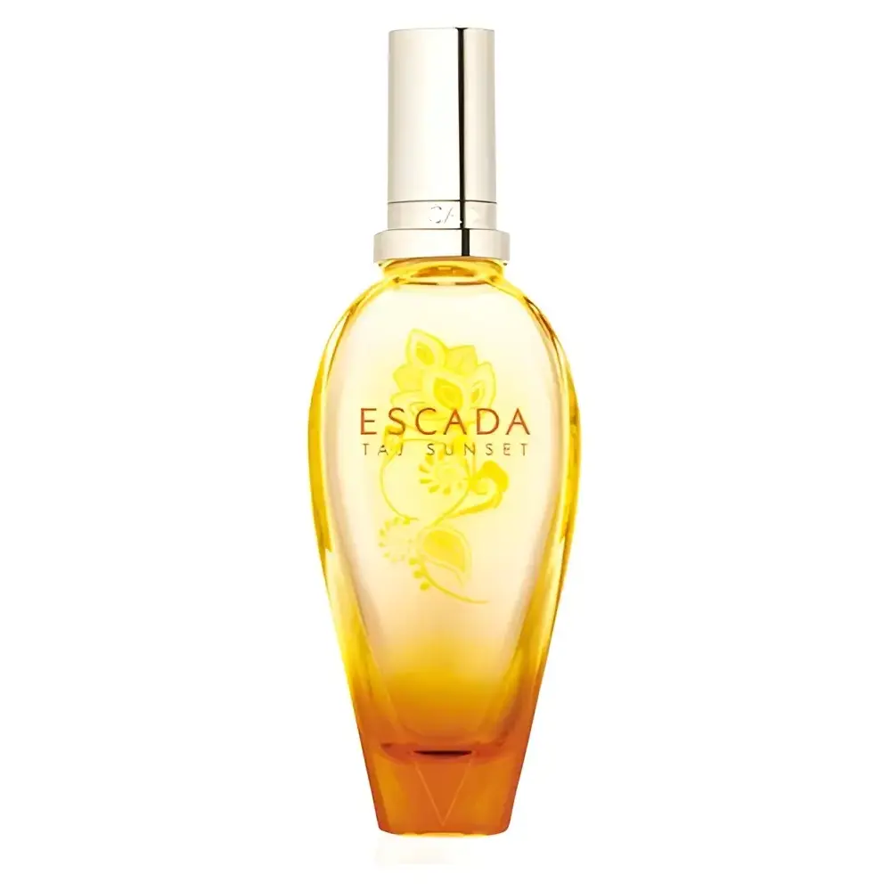 زجاجة عطر Escada Taj Sunset المتدرجة برتقالي-أصفر مع تصميم زهور بايسلي