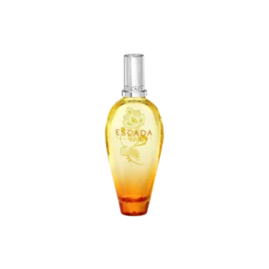 زجاجة عطر Escada Taj Sunset المتدرجة برتقالي-أصفر مع تصميم زهور بايسلي