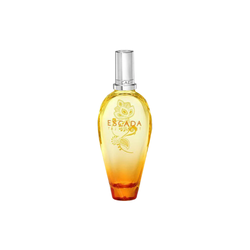 زجاجة عطر Escada Taj Sunset المتدرجة برتقالي-أصفر مع تصميم زهور بايسلي